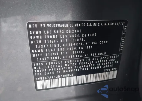 2018 Volkswagen Tiguan 2.0T Se/2.0T Sel z USA, uszkodzony, nr VIN 3VV2B7AX1JM106853